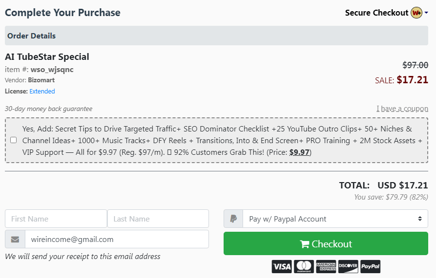 AI TubeStar checkout page